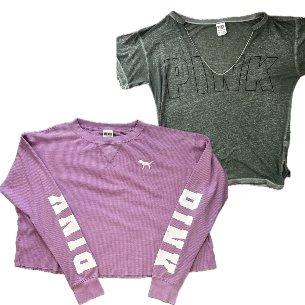 VS Pink Bundle Small Cropped Sweatshirt + V Neck Tee Casual Lounge Set